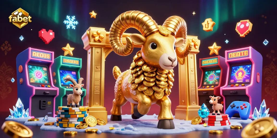 Experience fabet's dynamic gaming scene with a golden ram charging at a golden gate amidst arcade elements.