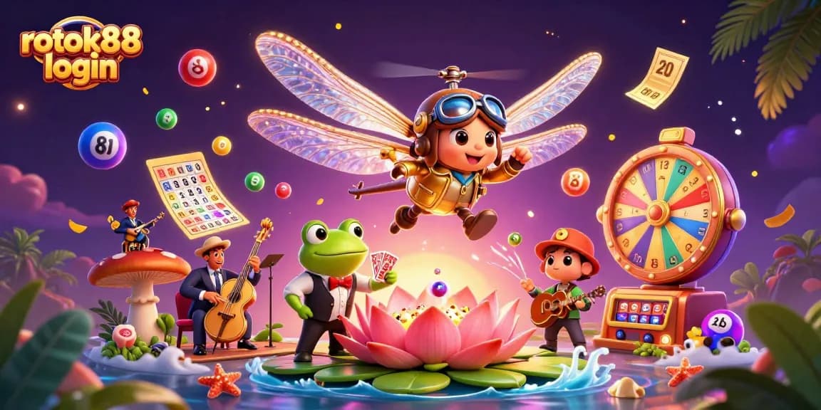 Engage players with rokok88 login at a lively lily pad casino scene featuring vibrant gambling elements.