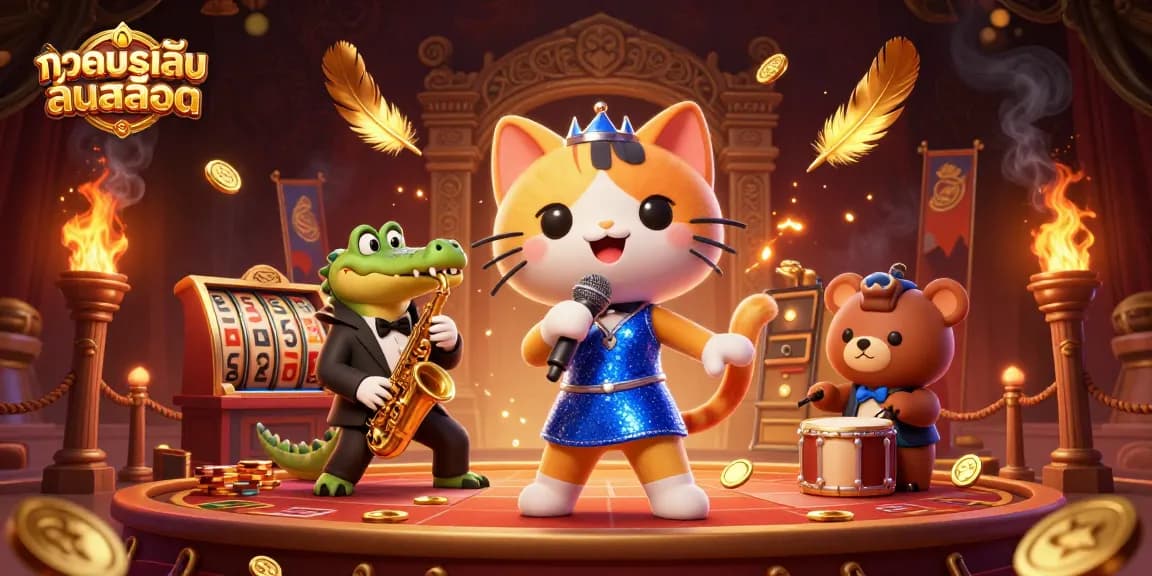 Engage in ทดลองเล่นสล็อต with a jazzy cat, crocodile, and bear cub amidst rich casino elements.