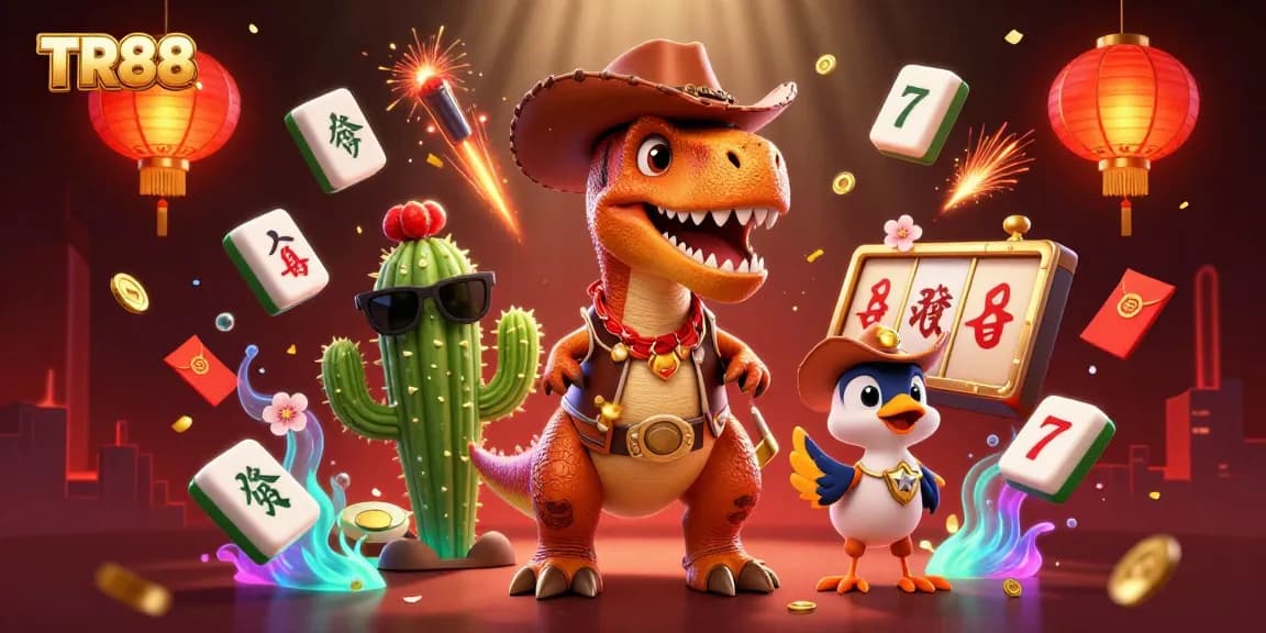 Experience the excitement of TR88 with vibrant characters, casino symbols, and golden elements illuminating the scene.