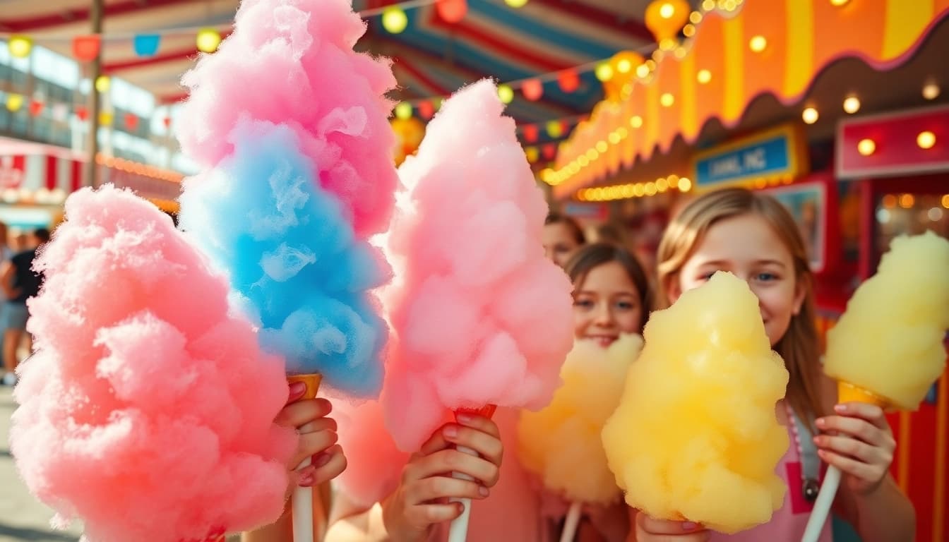 Koop goedkope wafelkatoen in verschillende kleuren op een drukke kermis.
