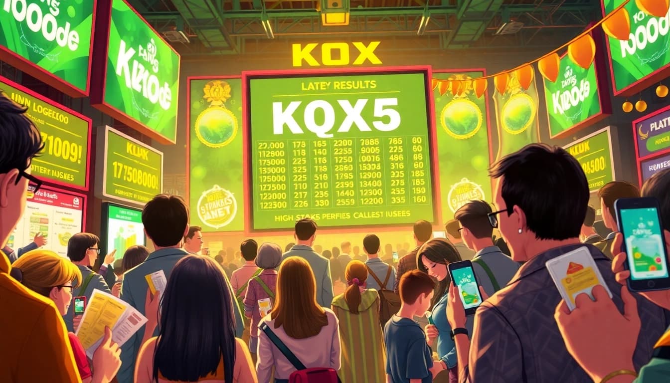 Kqxs lottery results displayed at a vibrant lottery event, showcasing excited participants checking their tickets.