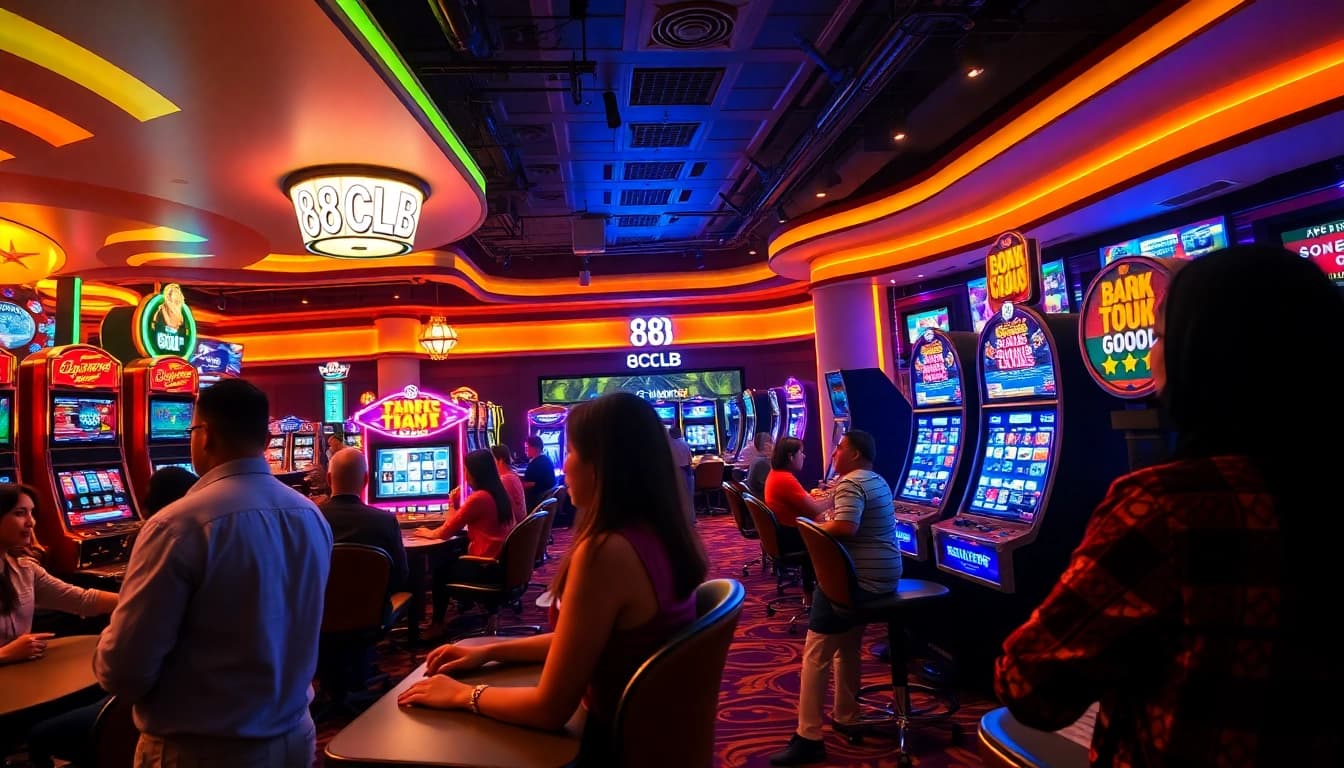 88clb online casino scene featuring diverse players, colorful gaming atmosphere, and engaging user interface.