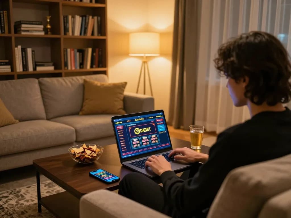 Engaging online gambler using Link vào Dabet on a laptop in a stylish, cozy living room.