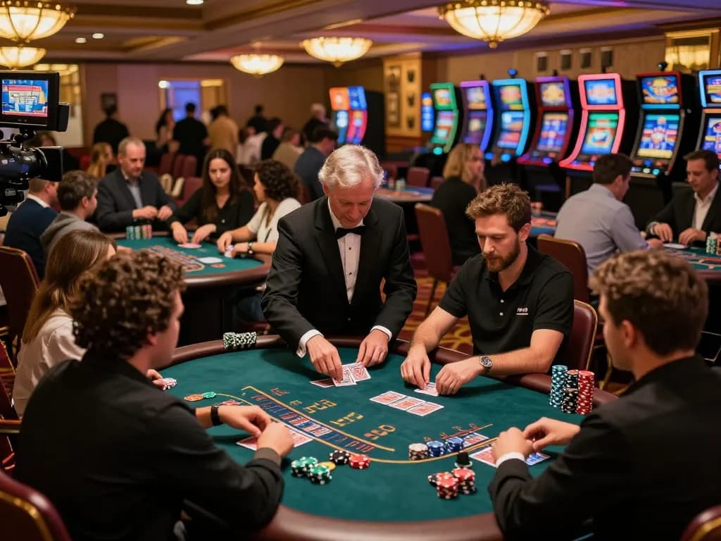 Players engaged in blackjack at 8kbet casino, surrounded by luxurious decor and vibrant atmosphere