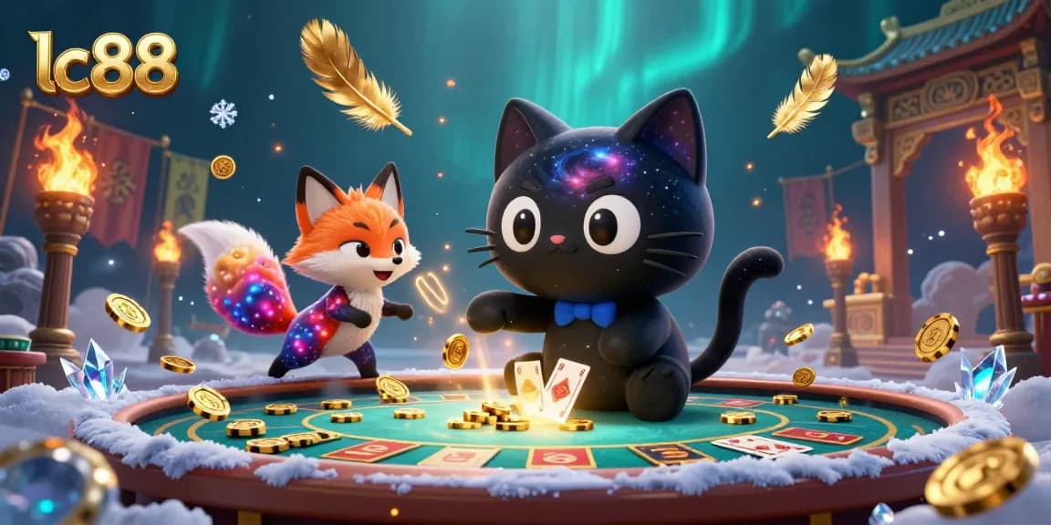 Experience the thrill of lc88 with a cosmic cat at the casino table pulling in chips and cards.