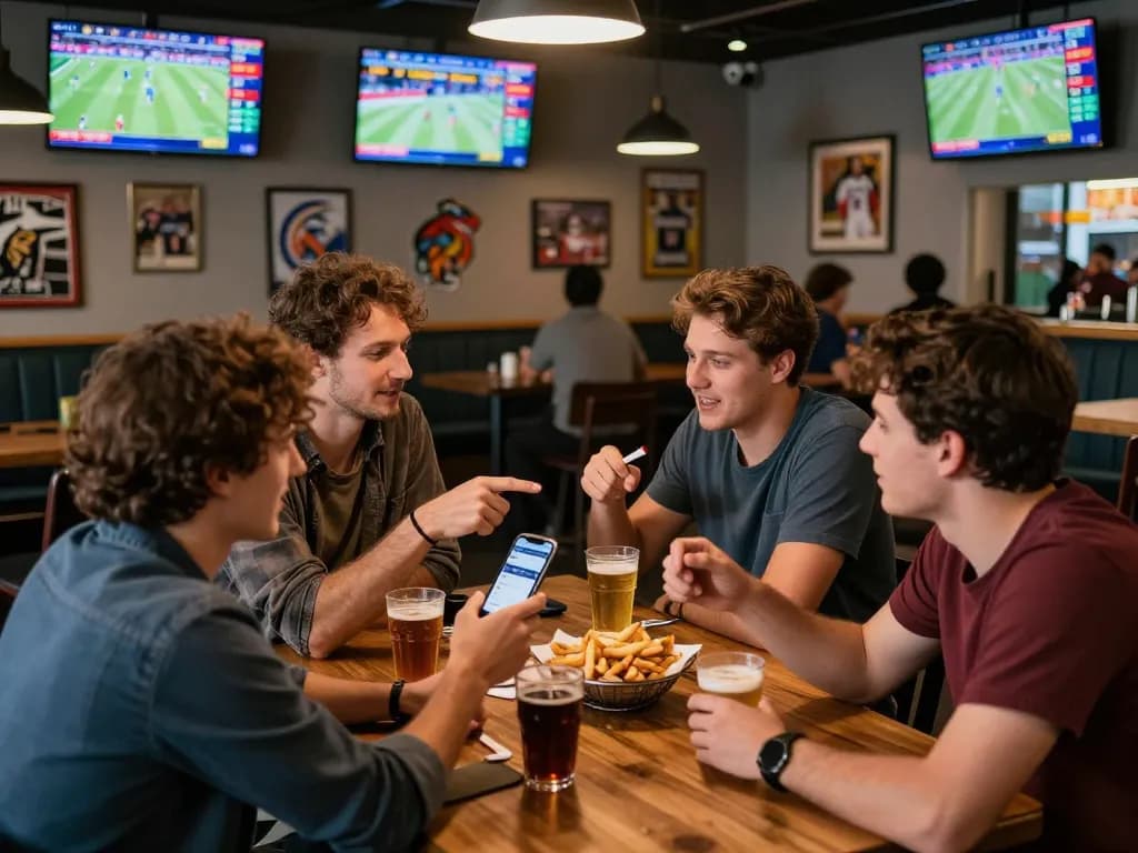 Friends engaging in sports betting at a bar using a betting app, hm 88 odds displayed on screens.