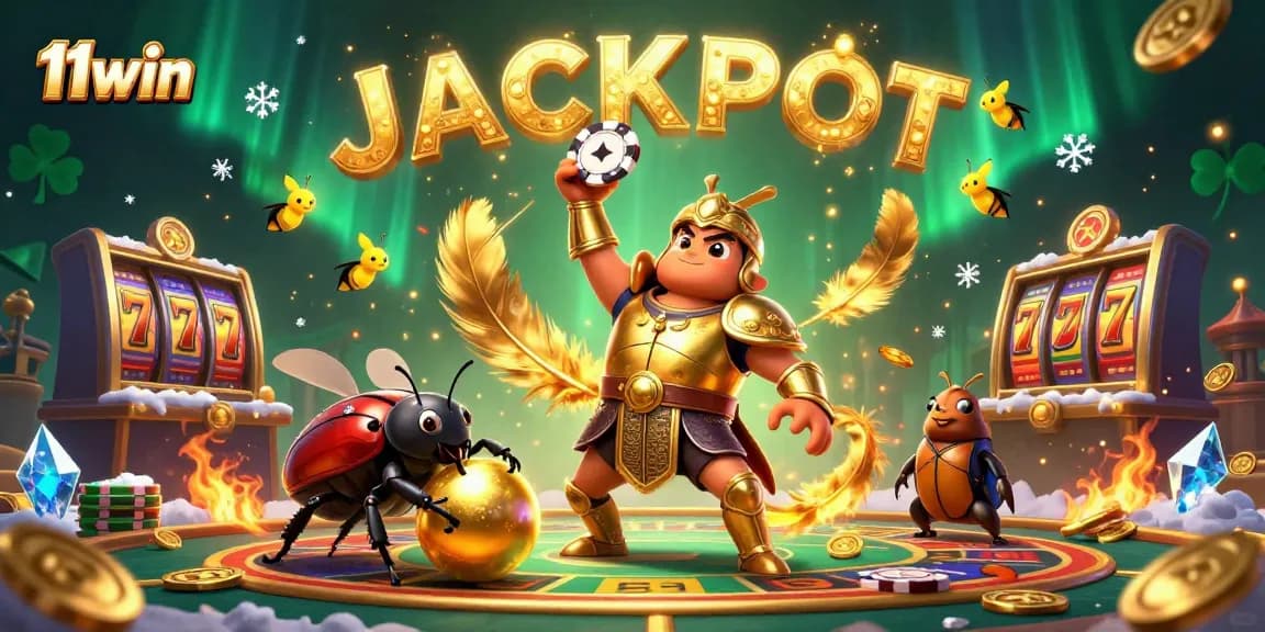 Experience exciting wins with 11win as a heroic beetle lifts a poker chip in 3D casino illustration.