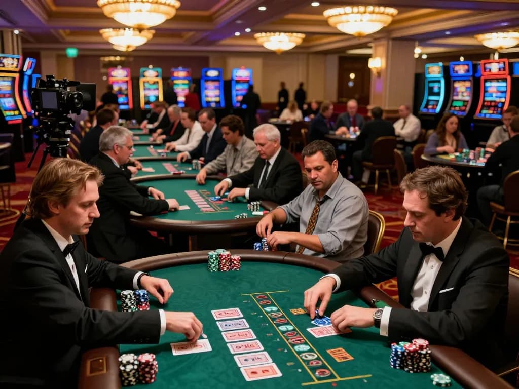 DA88 players engaging in intense blackjack strategies at high-stakes casino tournament, vibrant atmosphere