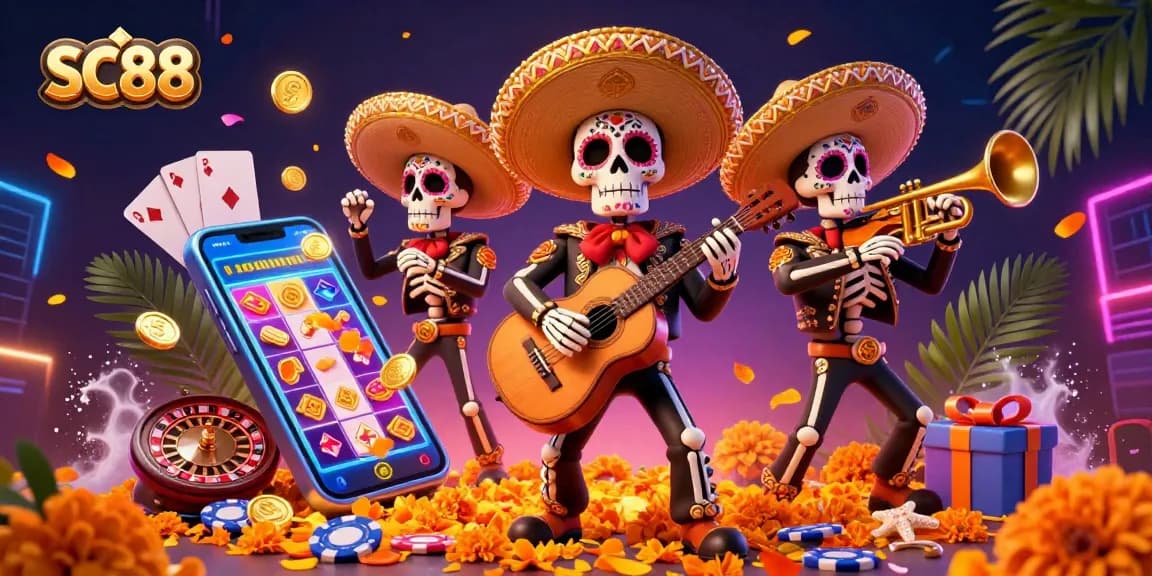 Engage with SC88's striking Dia de los Muertos skeleton mariachi scene amidst vibrant slot game elements.