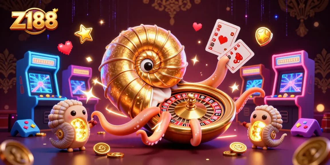 Z188 engages players with vibrant 3D cartoon elements of a giant nautilus and golden casino themes.