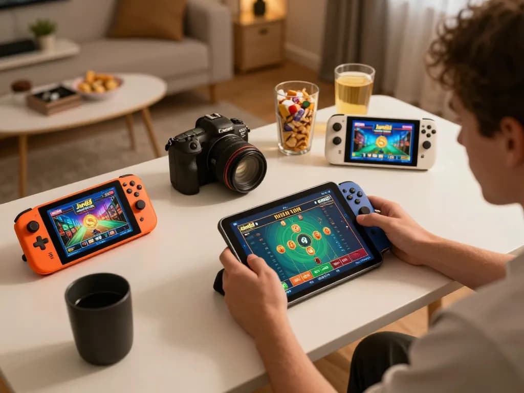 Player engaging with Jun88 online casino app on tablet at stylish home setup