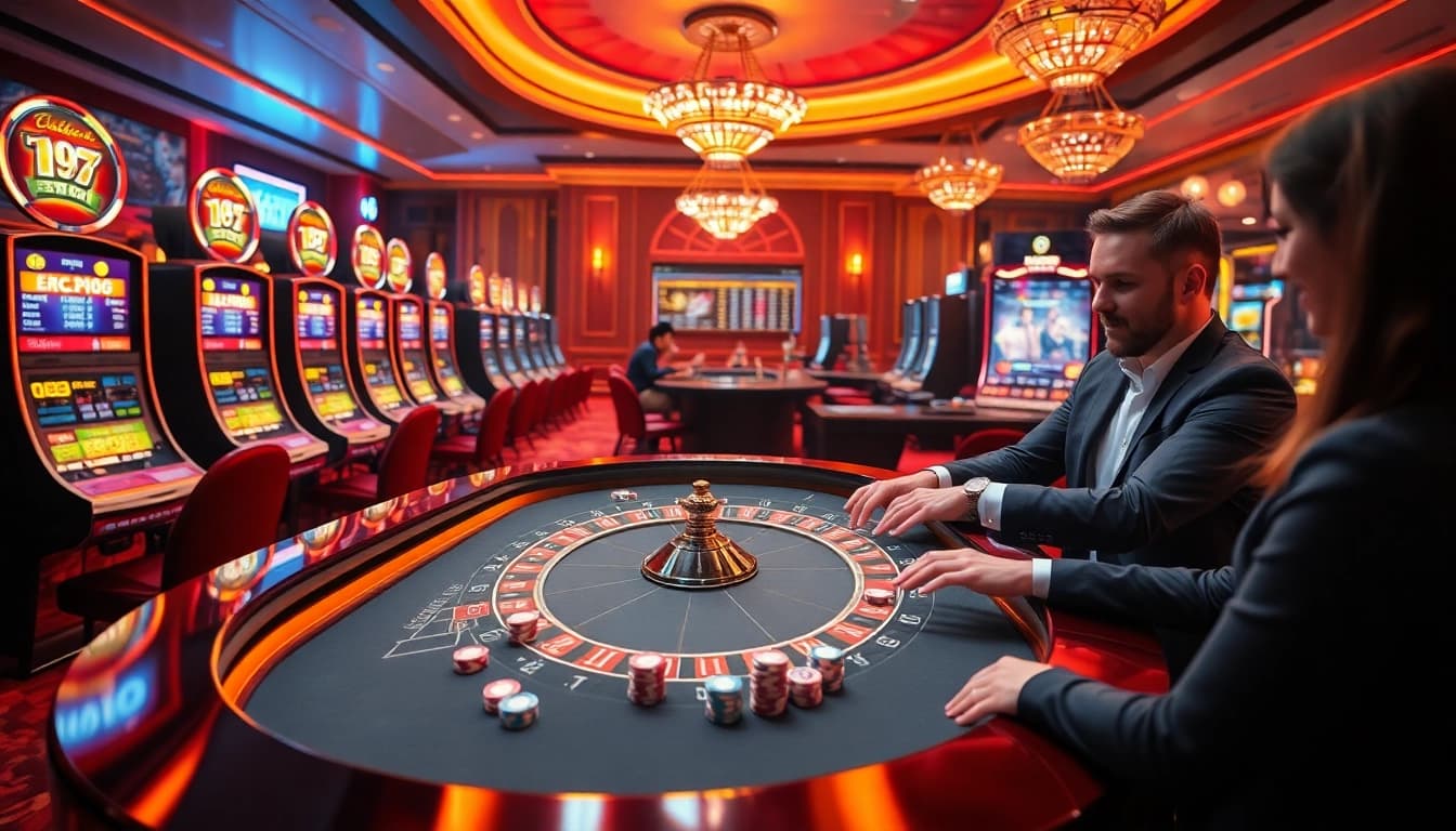 LUCK 8 players enjoying an upscale casino experience with a roulette table and vibrant slot machines.