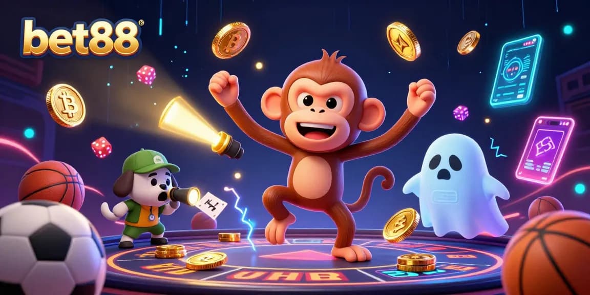 bet88 showcases a lively 3D scene with sports betting elements and a playful poltergeist monkey.