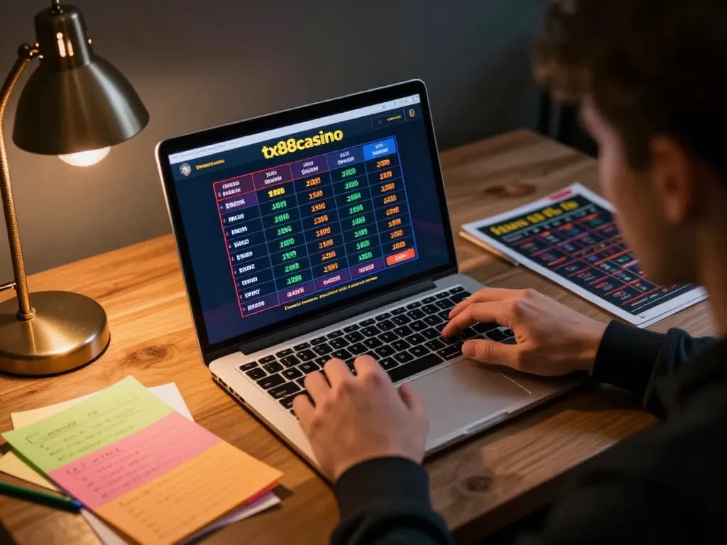 Engaged user analyzing betting odds on the tx88casino platform with essential notes and guides for online gambling.