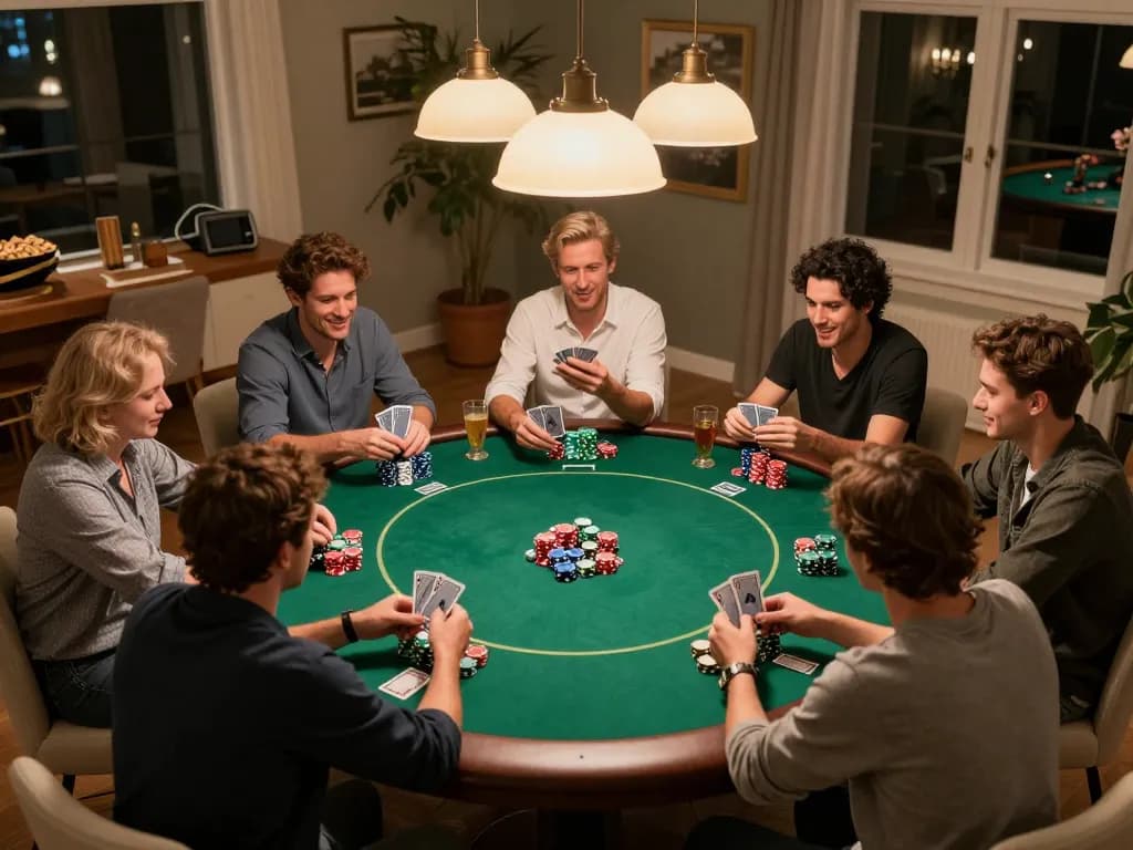 Friends enjoying a lively poker night at home with engaging gameplay dynamics centered around XX88.