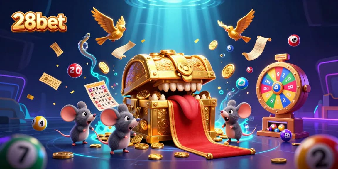 Experience thrilling casino adventures with 28bet, featuring dynamic lottery balls and a vibrant treasure chest.