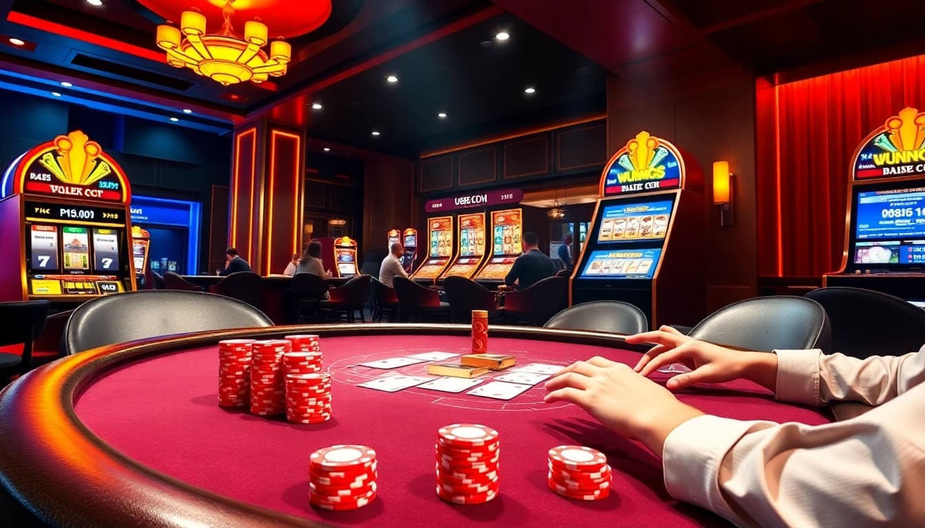 Players experiencing the high-stakes action at U888 Com casino with vibrant poker table and slot machine.