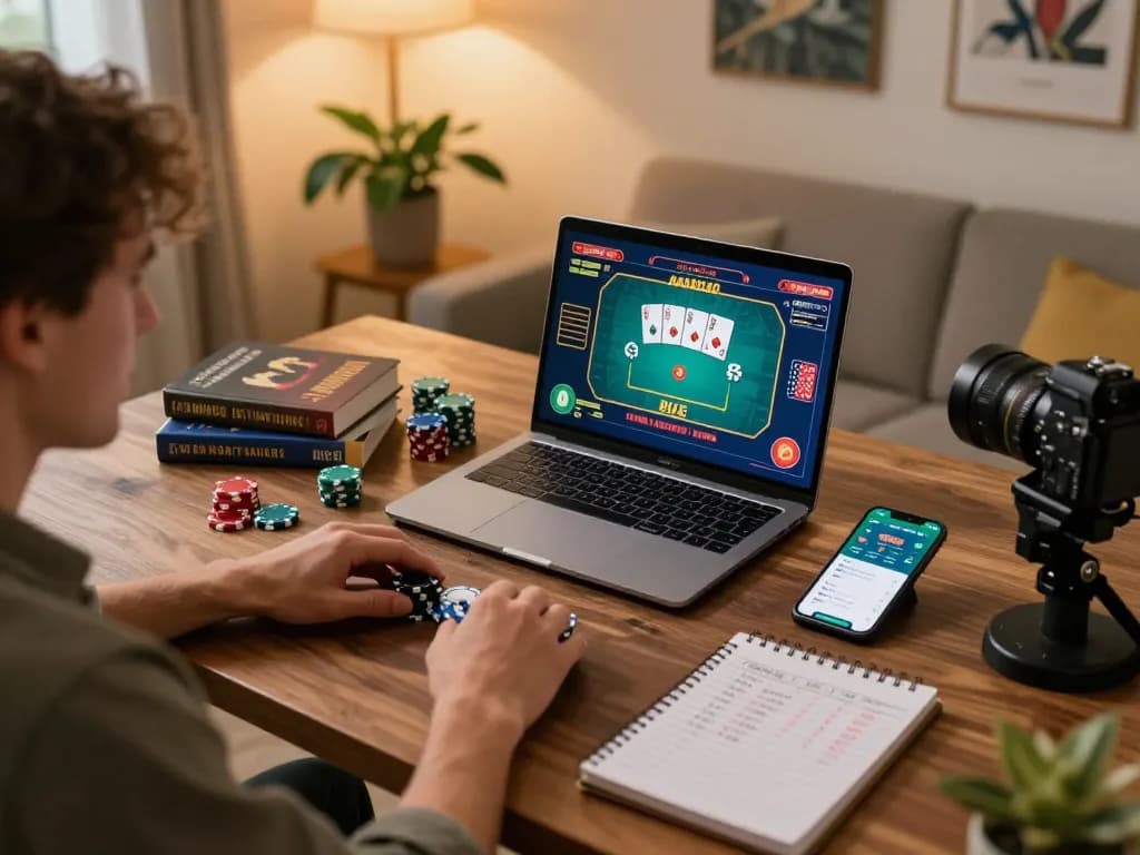Person playing live dealer casino game on laptop, showcasing online gambling with nohu-themed betting strategy notes and app.