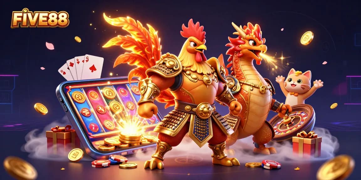 Engage with FIVE88's dynamic gaming world featuring illustrated casino characters and vibrant gameplay elements.