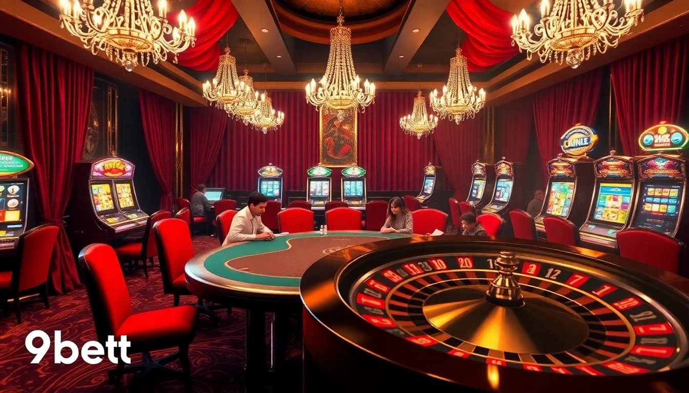 Engage in thrilling gameplay at https://9bet9.in.net/ with a vibrant casino scene featuring poker tables, roulette wheels, and slot machines.
