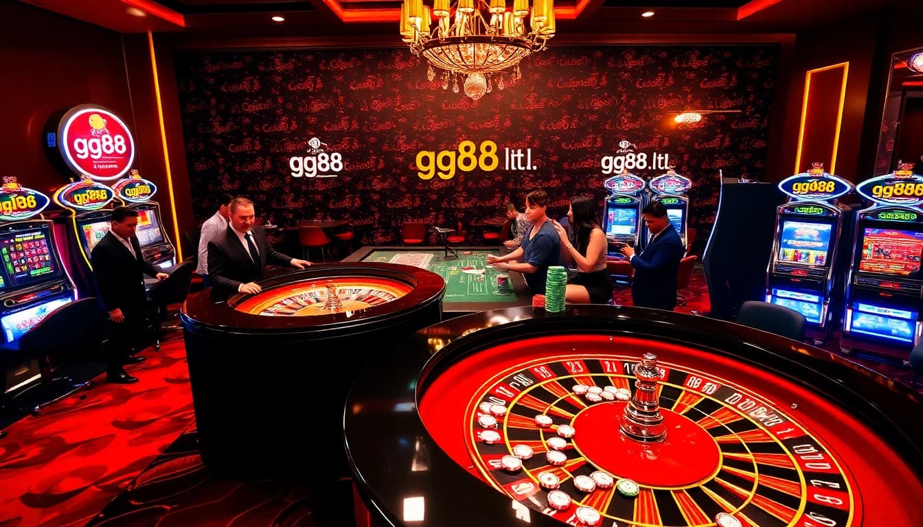 Experience the thrill of gambling at gg88.ltd with a glamorous casino scene featuring roulette and slot machines.