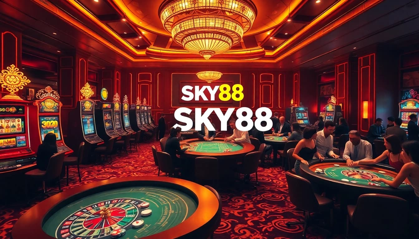 Players enjoying an exciting gambling experience at SKY88 casino with roulette and poker tables.