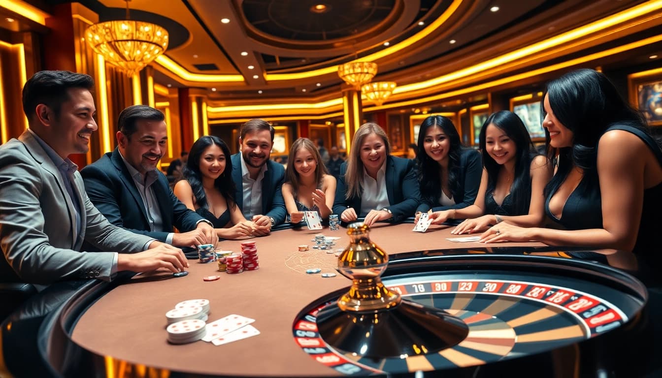 Players enjoying a thrilling poker game at cm88.mobi’s vibrant casino environment.