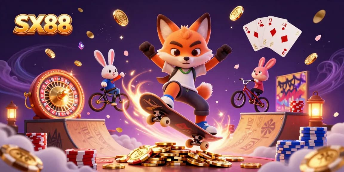 SX88 offers dynamic gaming excitement with a skateboarder fox and BMX rabbit amidst casino elements.