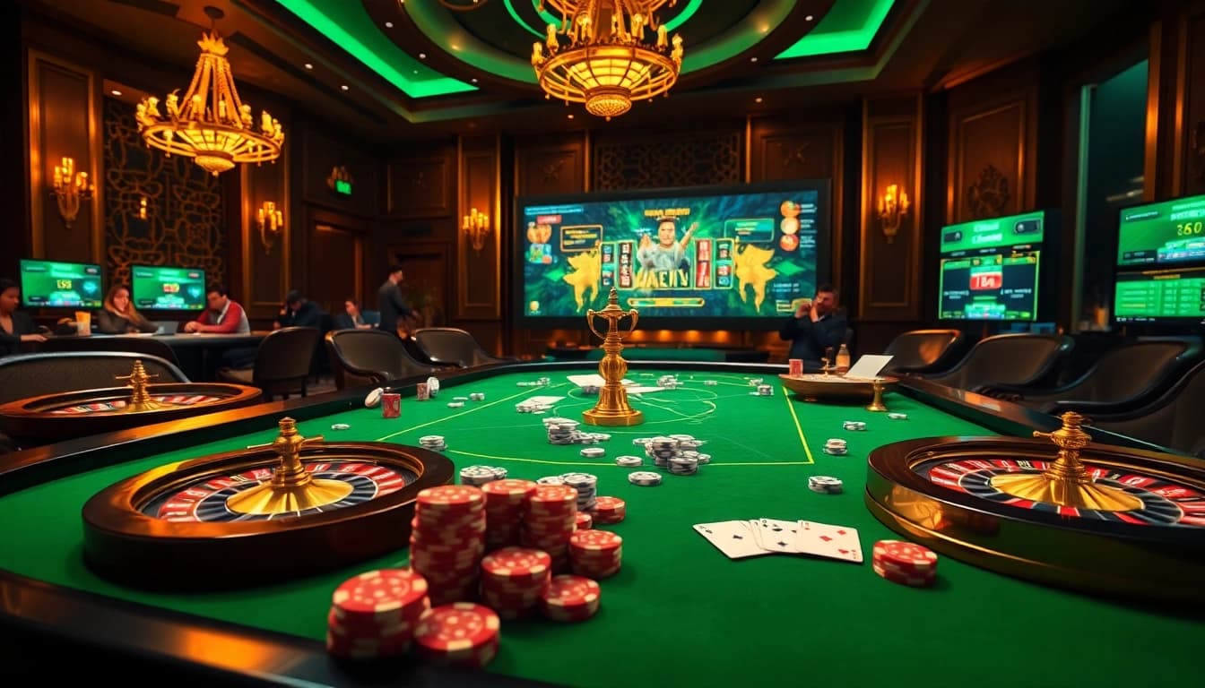 Xoilac TV trực tiếp bóng đá streaming with vibrant casino elements, showcasing excitement and luxury in online gambling.
