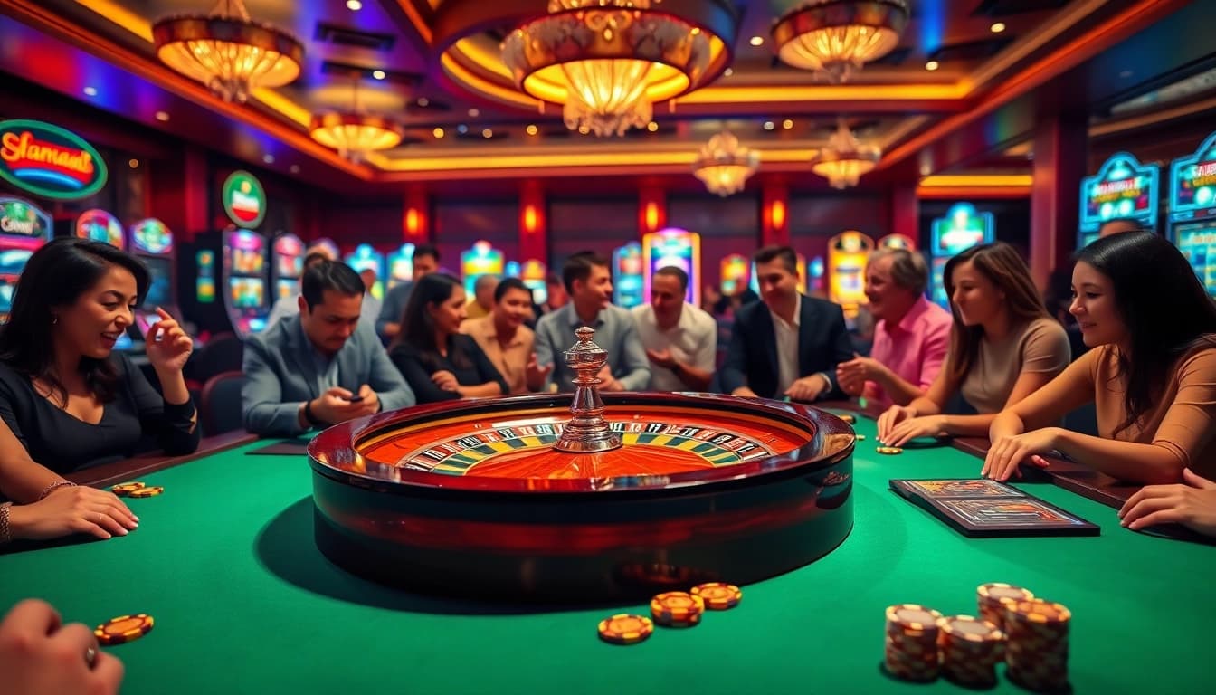 Players engage in thrilling s8s casino games at a vibrant roulette table with colorful chips.