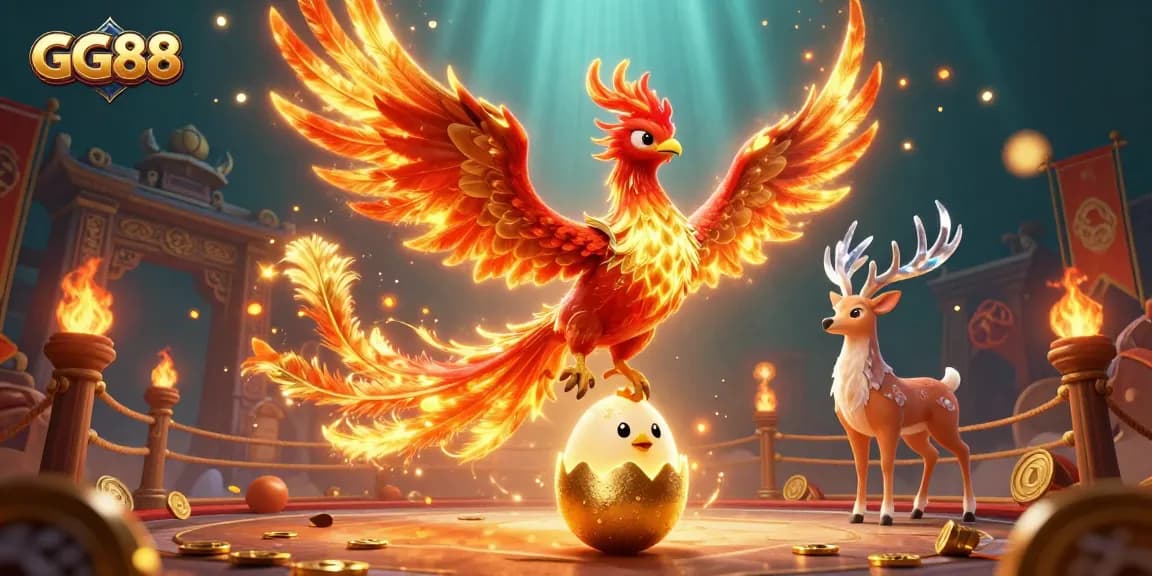 Engage with GG88's vibrant casino offerings, featuring a phoenix and mystical stag in a dynamic scene.