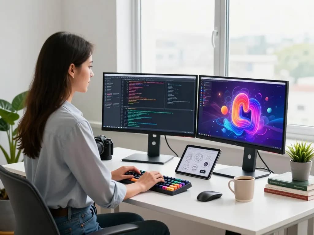 Innovative workspace featuring a developer coding with juicy ai tools and vibrant art displays.