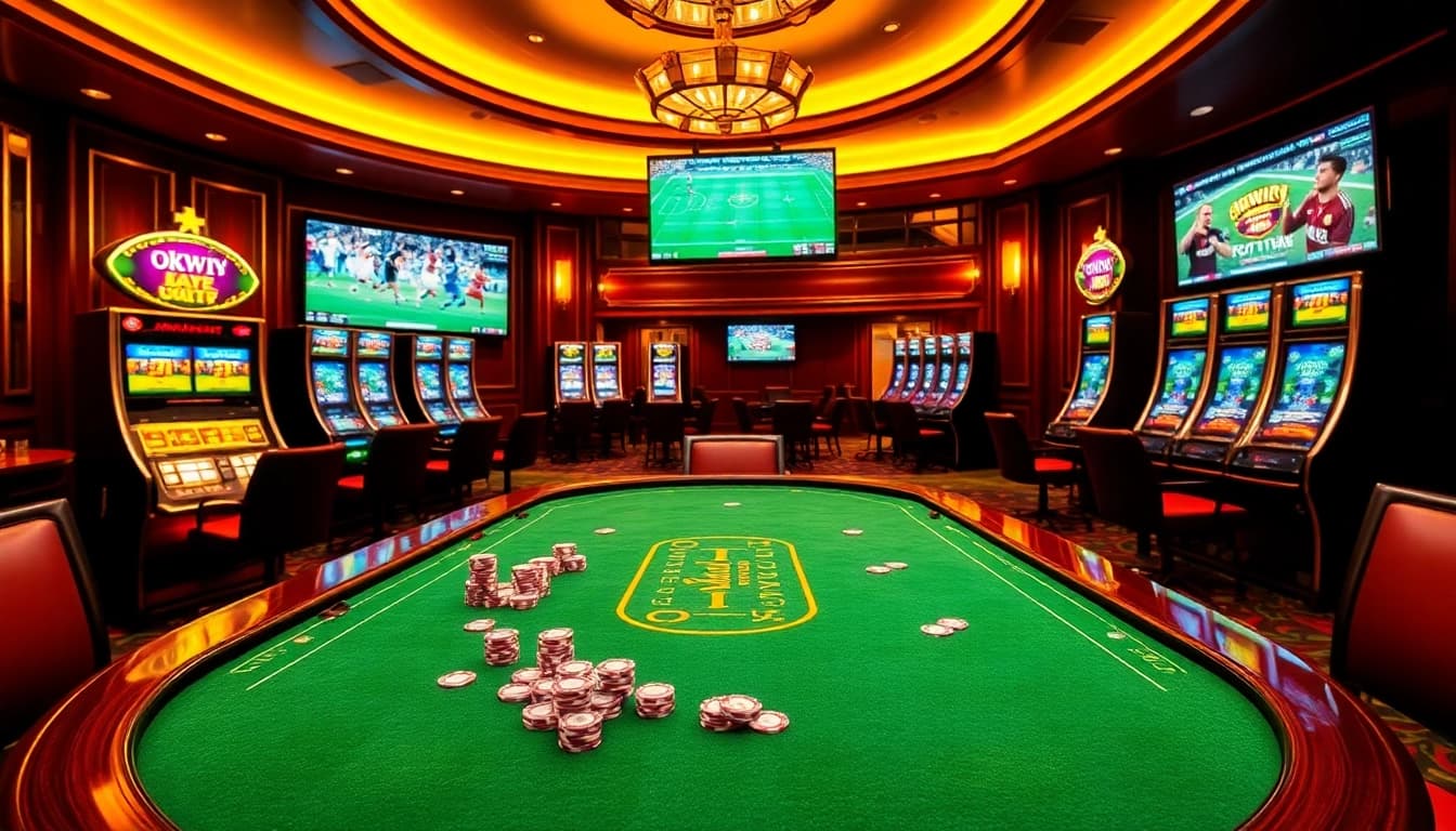 Experience gaming thrills with okwintv trực tiếp bóng đá, showcasing live matches and excitement in a luxurious casino setting.
