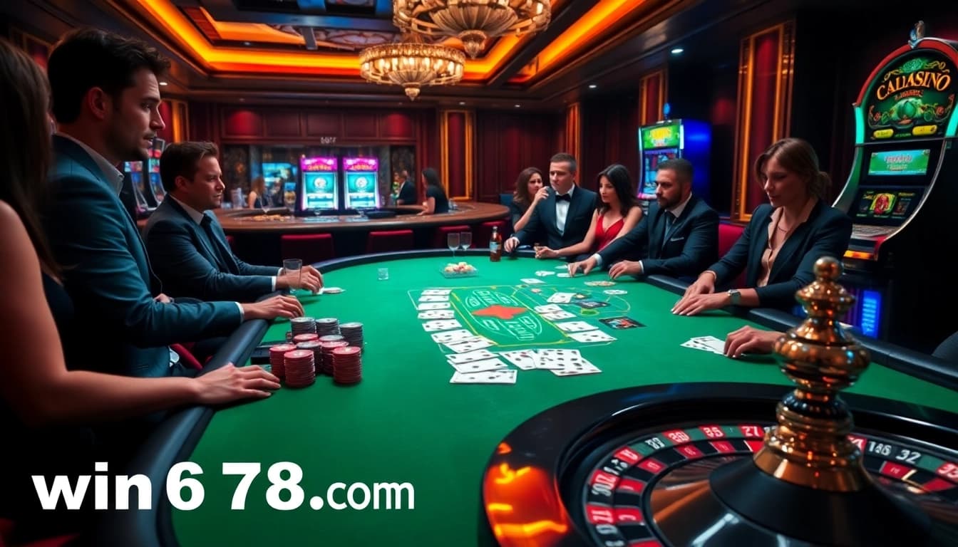 Play poker and win at win678.com, showcasing a vibrant casino atmosphere with chips and cards.