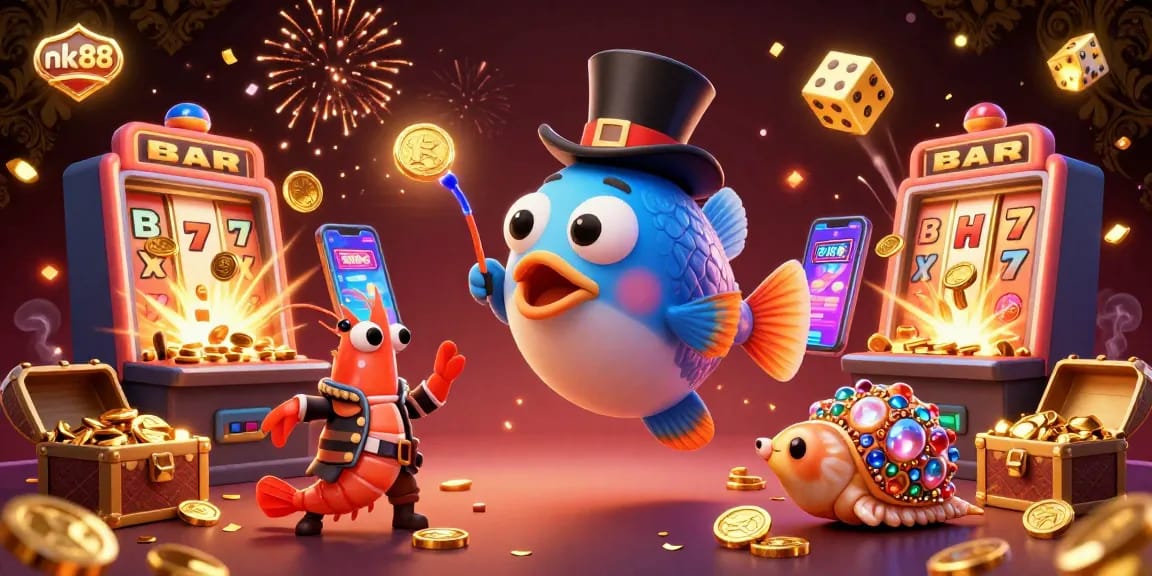 Experience thrilling wins with nk88's vibrant 3D deep-sea casino scene featuring slot machines and glowing treasures.