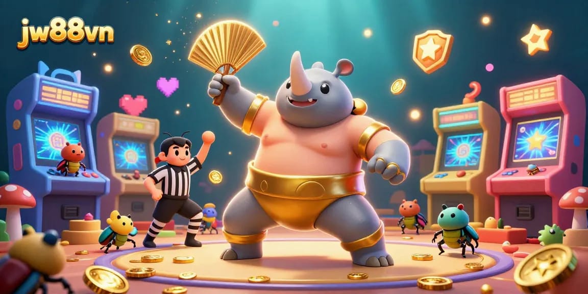 Experience thrilling gameplay at jw88vn with the vibrant 3D sumo beetle champion and flashy casino elements.