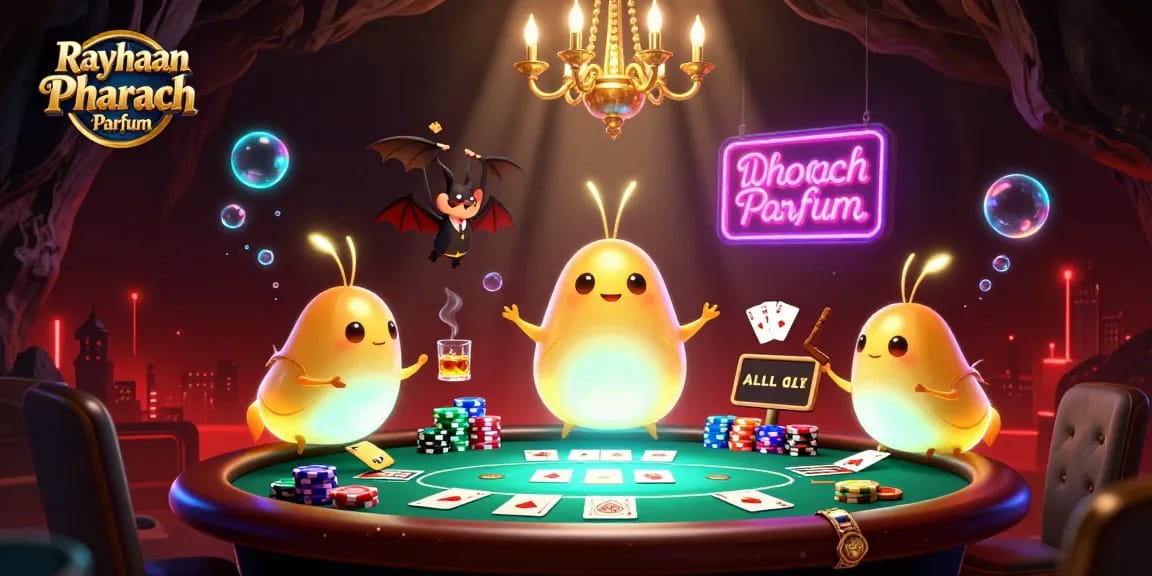 Experience the allure of Rayhaan Pharaoh Parfum at a vibrant underground casino with glowing charm.