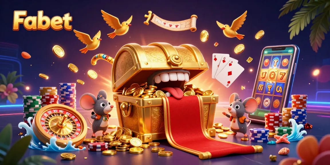 Fabet's vibrant adventure with animated riches, golden coins, and a dynamic casino scene.