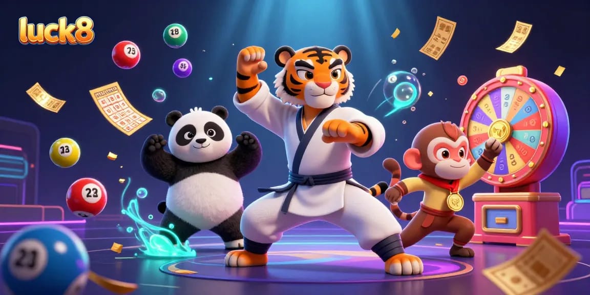 Experience luck8's winning thrill with a 3D tiger master and vibrant lottery elements!