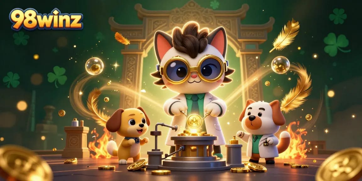 Engage in thrilling gameplay at 98winz, featuring a mad scientist cat and treasures in a vibrant casino scene.