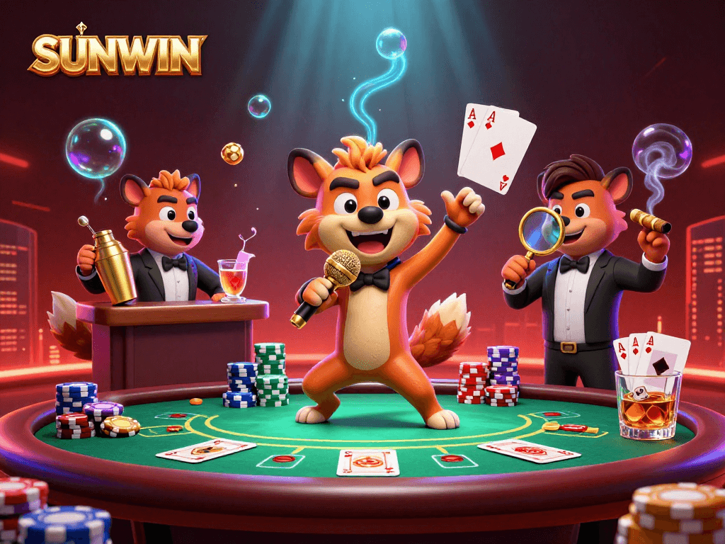 SUNWIN hyena-themed casino scene showcasing vibrant games and lively characters in a captivating environment.