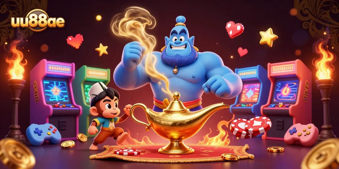 Engage with uu88ae’s thrilling offerings through this vibrant casino scene featuring iconic game symbols.