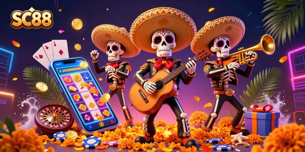 Engage with SC88's striking Dia de los Muertos skeleton mariachi scene amidst vibrant slot game elements.
