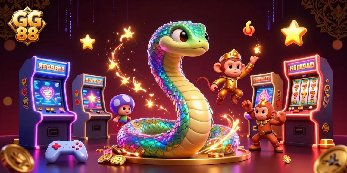 Experience the colorful gaming world of GG 88 featuring a vibrant snake and monkey king amidst slot reels and glowing game elements.
