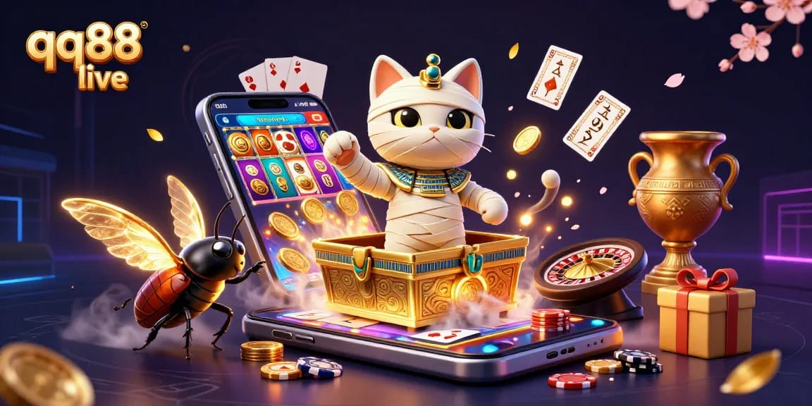 Experience exciting qq88 live action with a 3D Egyptian mummy cat and golden casino treasures.