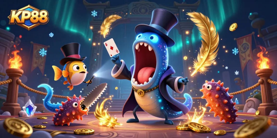 Experience the exciting magic act at KP88, showcasing unique gambling-themed characters in an enchanting casino setting.