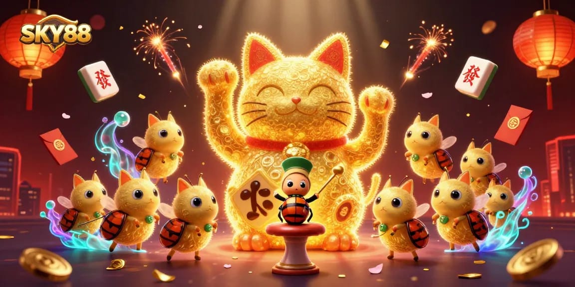 Experience the thrill of gaming with SKY88, featuring a lucky cat and casino icons in a rich 3D scene.