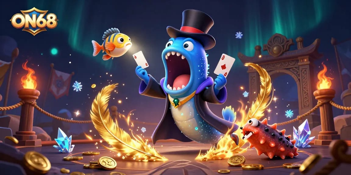 ON68 features a bioluminescent eel magician in action, showcasing casino elements and vibrant energy.