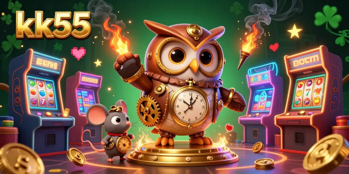 Join the fun at kk55, where a whimsical time-traveler owl meets vibrant casino adventures in 3D!